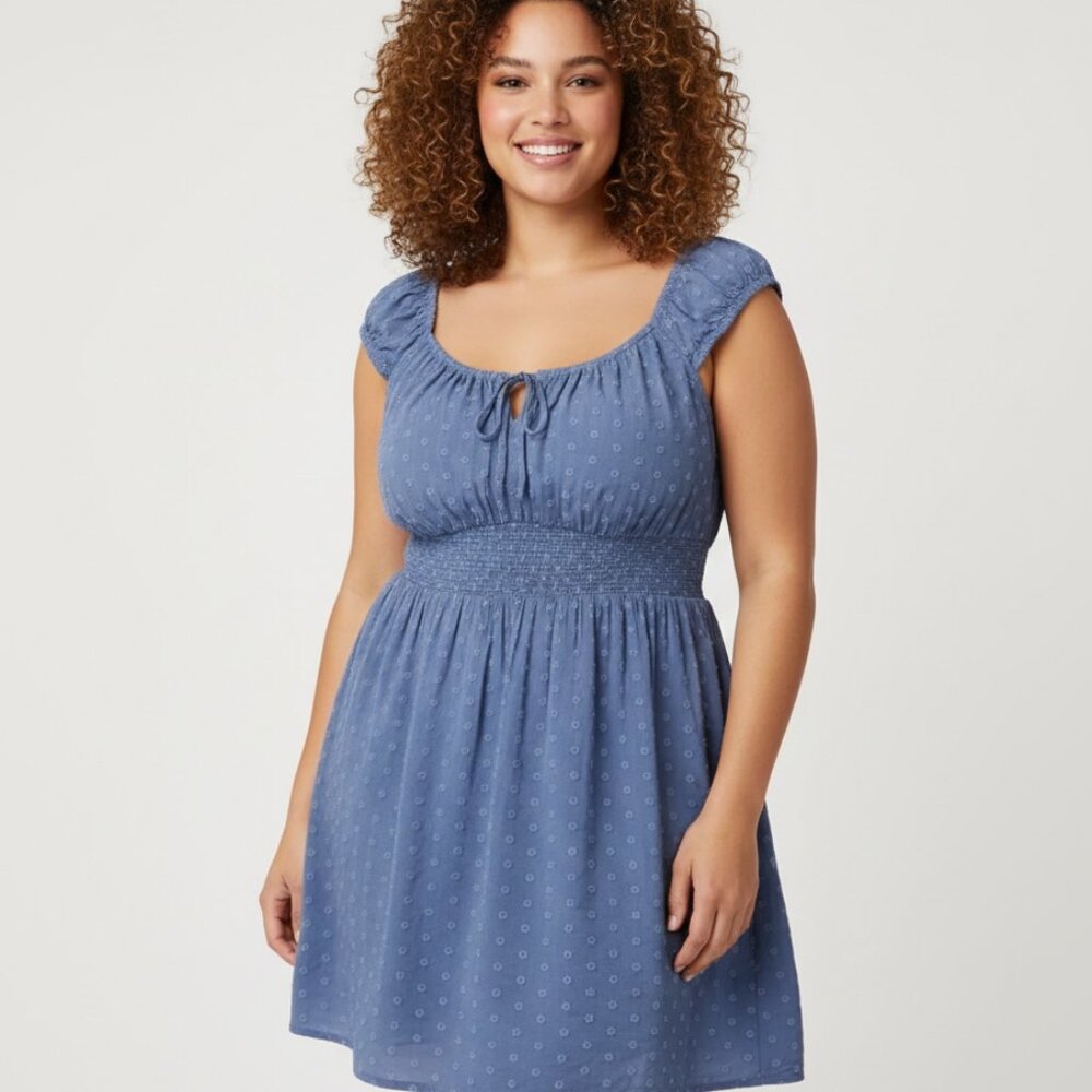 Old Navy Women’s 3X Blue Swiss Dot Smocked Waist Mini Dress Flutter Sleeve Boho